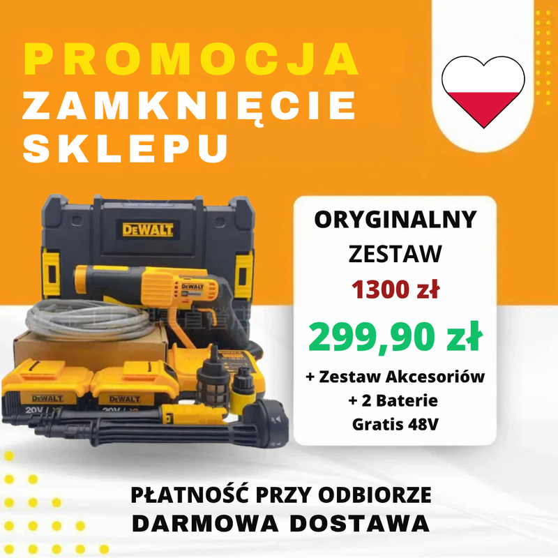 ORYGINALNY ZESTAW DEWALT: MYJKA CIŚNIENIOWA BEZPRZEWODOWA + ZESTAW AKCESORIÓW + 2 BATERIE 48V W PREZENCIE